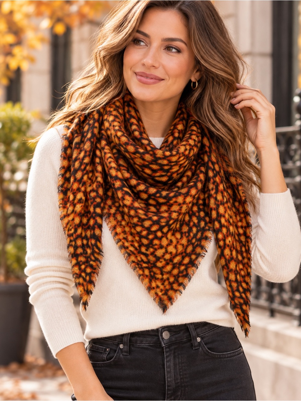 Womens Leopard Print Triangle Shawl Wrap Soft Fuzzy Brown